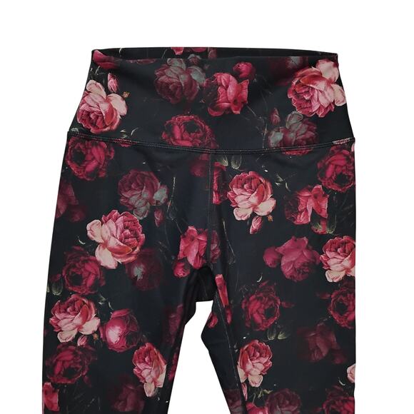 RBX Cropped Leggings Black and Pink Roses Print High Waisted Size Medium - Picture 2 of 6
